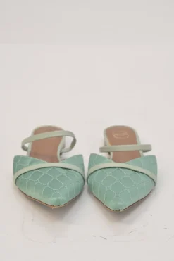 Seafoam green quilted satin and leather slip-on V-neck vamp mules with fixed mid-arch strap