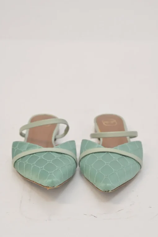 Seafoam green quilted satin and leather slip-on V-neck vamp mules with fixed mid-arch strap