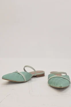 Seafoam green quilted satin and leather slip-on V-neck vamp mules with fixed mid-arch strap