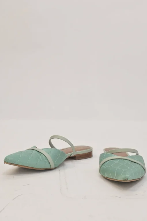 Seafoam green quilted satin and leather slip-on V-neck vamp mules with fixed mid-arch strap