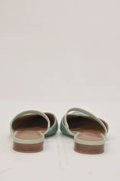 Seafoam green quilted satin and leather slip-on V-neck vamp mules with fixed mid-arch strap