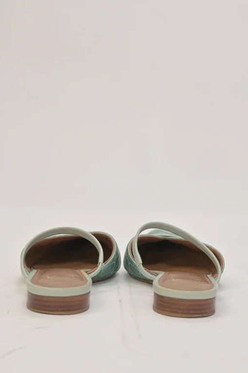 Seafoam green quilted satin and leather slip-on V-neck vamp mules with fixed mid-arch strap