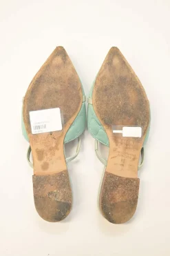 Seafoam green quilted satin and leather slip-on V-neck vamp mules with fixed mid-arch strap