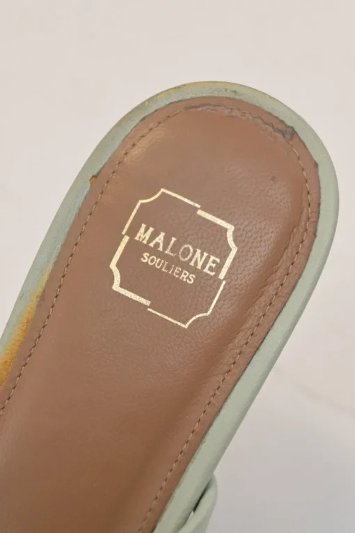 Seafoam green quilted satin and leather slip-on V-neck vamp mules with fixed mid-arch strap