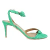 Seafoam green suede and leather ankle strap mid-heel criss-cross bow sandals
