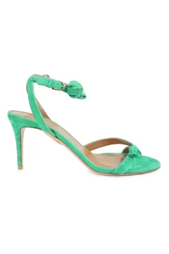 Seafoam green suede and leather ankle strap mid-heel criss-cross bow sandals