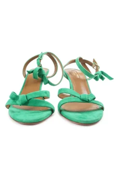 Seafoam green suede and leather ankle strap mid-heel criss-cross bow sandals