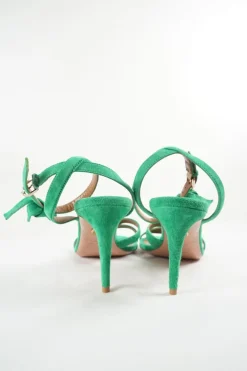 Seafoam green suede and leather ankle strap mid-heel criss-cross bow sandals