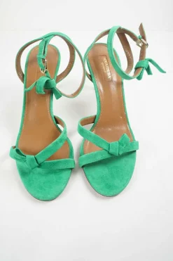 Seafoam green suede and leather ankle strap mid-heel criss-cross bow sandals