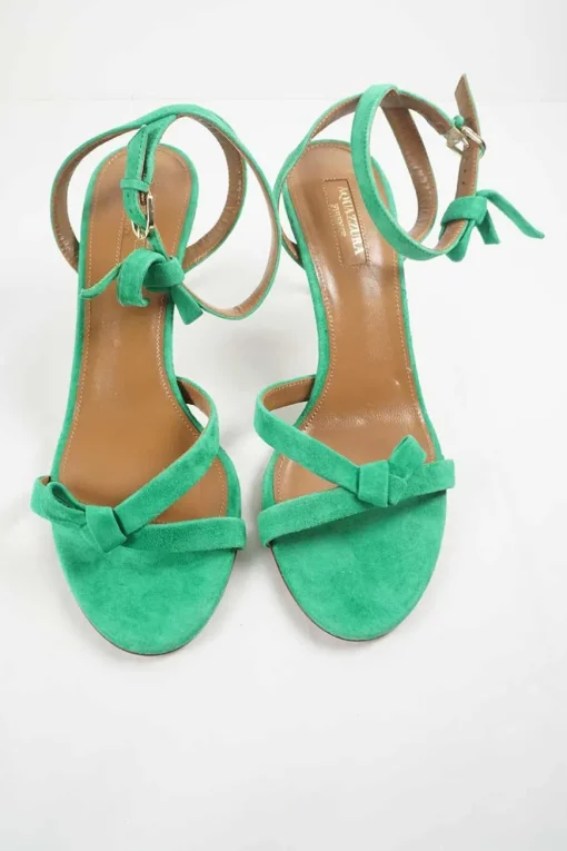 Seafoam green suede and leather ankle strap mid-heel criss-cross bow sandals