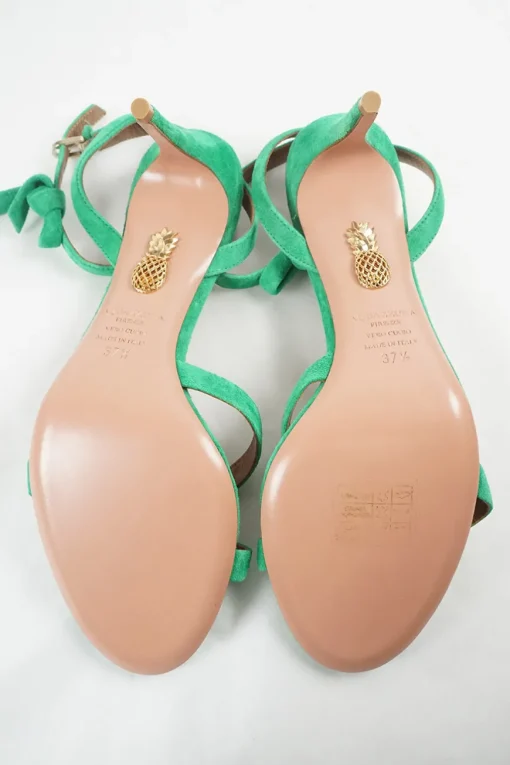 Seafoam green suede and leather ankle strap mid-heel criss-cross bow sandals
