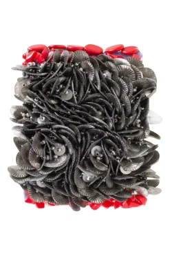 silk zip cuff embellished with beads, coral, tiger's eye and metal discs
