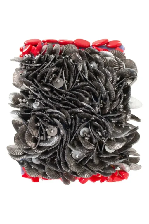 silk zip cuff embellished with beads, coral, tiger's eye and metal discs