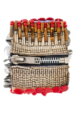 silk zip cuff embellished with beads, coral, tiger's eye and metal discs