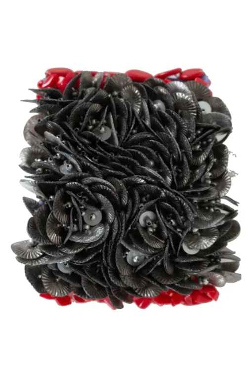 silk zip cuff embellished with beads, coral, tiger's eye and metal discs