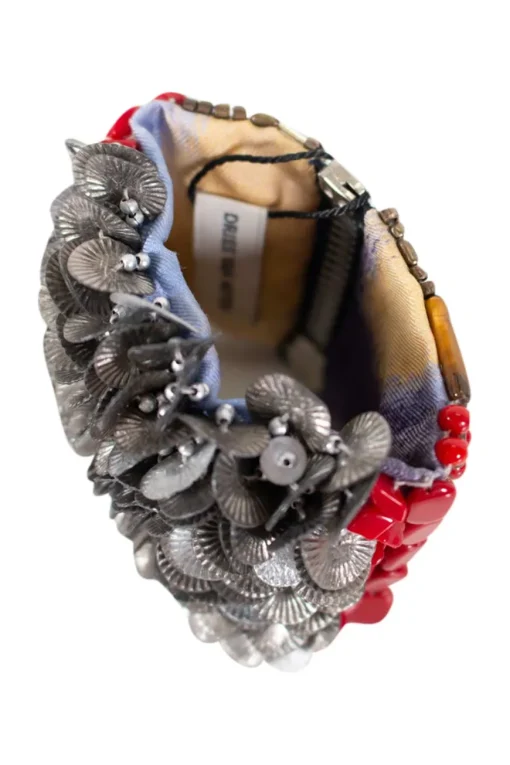 silk zip cuff embellished with beads, coral, tiger's eye and metal discs