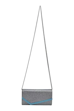 Silver and blue glitter-bonded fabric Emmie crossbody chain clutch