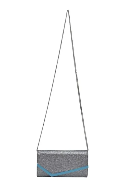 Silver and blue glitter-bonded fabric Emmie crossbody chain clutch