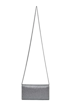Silver and blue glitter-bonded fabric Emmie crossbody chain clutch