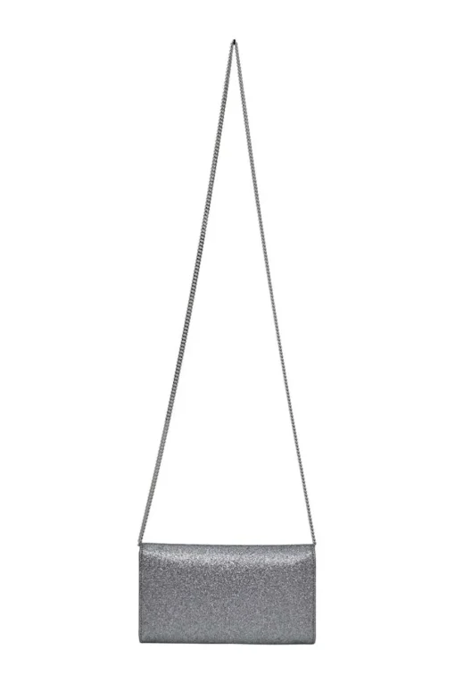 Silver and blue glitter-bonded fabric Emmie crossbody chain clutch