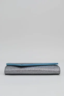 Silver and blue glitter-bonded fabric Emmie crossbody chain clutch