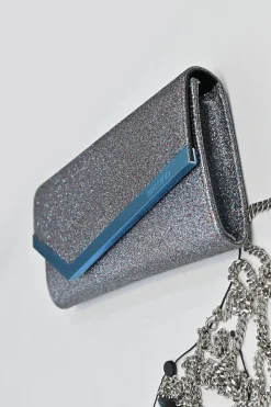 Silver and blue glitter-bonded fabric Emmie crossbody chain clutch