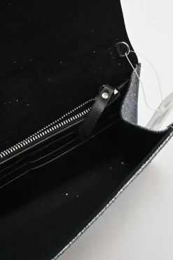 Silver and blue glitter-bonded fabric Emmie crossbody chain clutch
