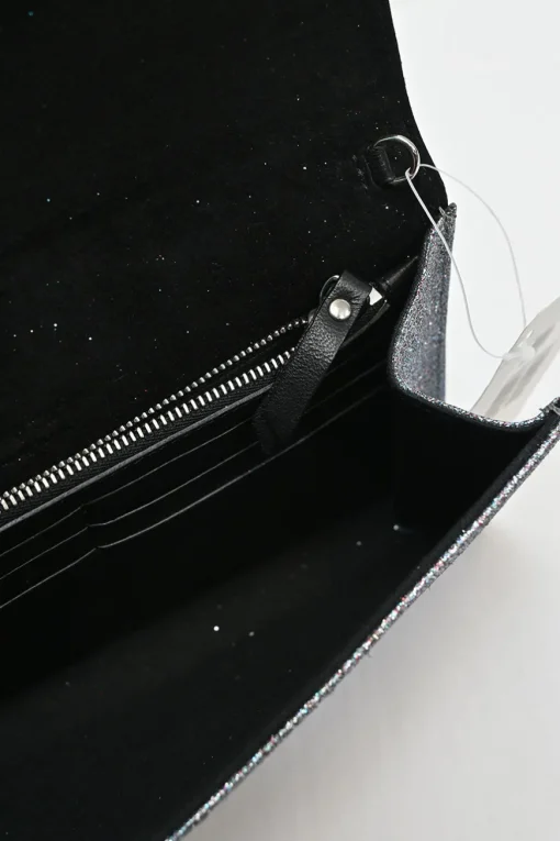 Silver and blue glitter-bonded fabric Emmie crossbody chain clutch