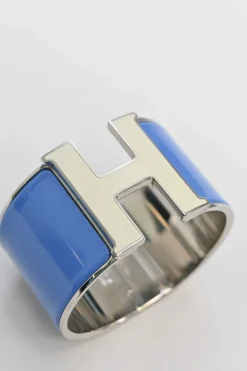 Silver and blue palladium-plated sterling silver and enamel extra wide Clic H bracelet