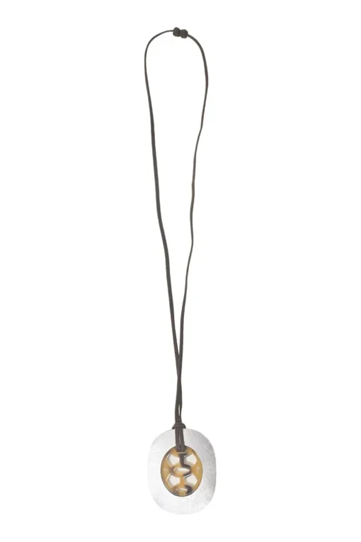 Silver and brown lacquered horn Lift pendant on waxed cotton strap