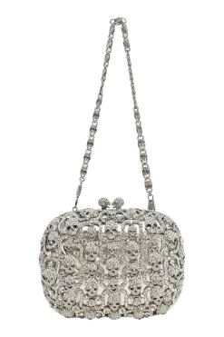 Silver crystal-embellished chain skull clutch with kiss lock fastening