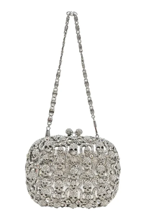 Silver crystal-embellished chain skull clutch with kiss lock fastening