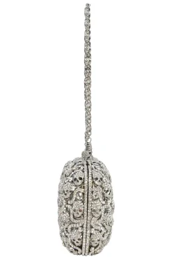 Silver crystal-embellished chain skull clutch with kiss lock fastening