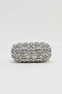 Silver crystal-embellished chain skull clutch with kiss lock fastening