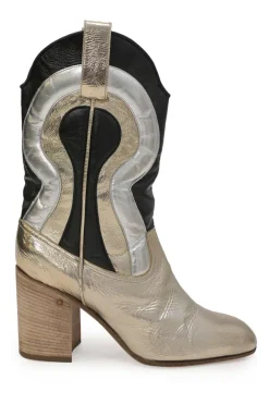 Silver foiled calfskin Troy pull-on mid-calf Western block heel boots
