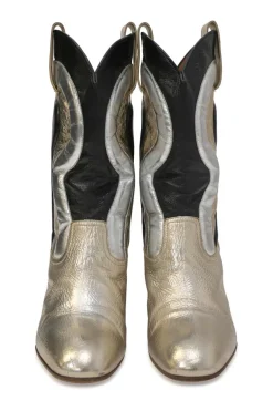 Silver foiled calfskin Troy pull-on mid-calf Western block heel boots