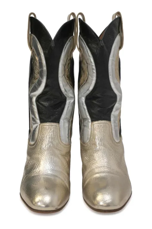 Silver foiled calfskin Troy pull-on mid-calf Western block heel boots