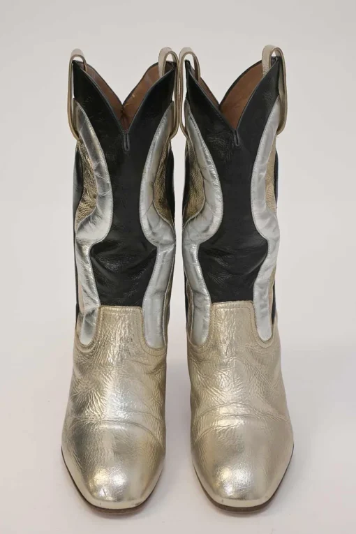 Silver foiled calfskin Troy pull-on mid-calf Western block heel boots