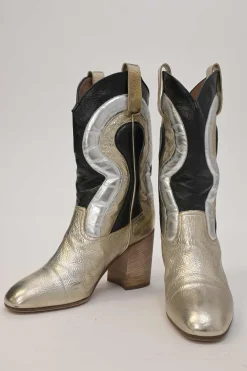 Silver foiled calfskin Troy pull-on mid-calf Western block heel boots