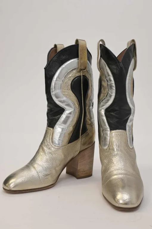 Silver foiled calfskin Troy pull-on mid-calf Western block heel boots