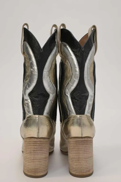 Silver foiled calfskin Troy pull-on mid-calf Western block heel boots