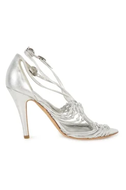 Silver foiled leather almond toe heeled knot strappy sandals with adjustable buckle ankle straps