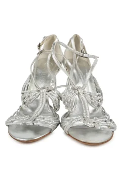 Silver foiled leather almond toe heeled knot strappy sandals with adjustable buckle ankle straps