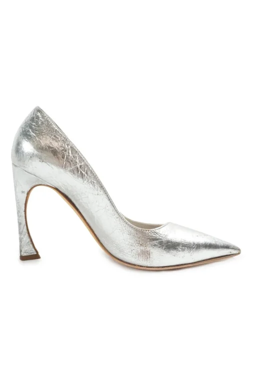 Silver foiled leather pointed toe comma heel pumps
