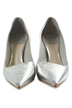 Silver foiled leather pointed toe comma heel pumps