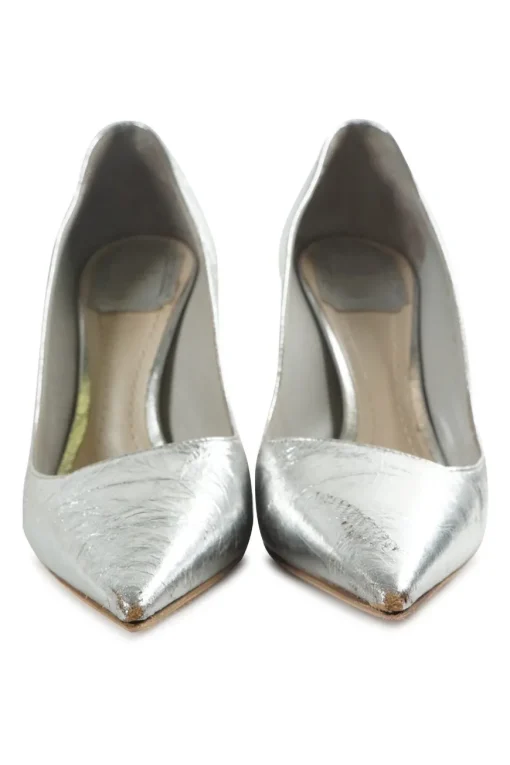Silver foiled leather pointed toe comma heel pumps