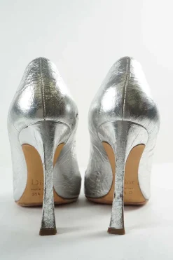 Silver foiled leather pointed toe comma heel pumps