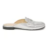 Silver foiled leather round-toe slip-on mules with camellia medallion appliqué