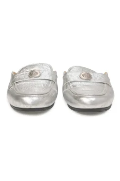 Silver foiled leather round-toe slip-on mules with camellia medallion appliqué