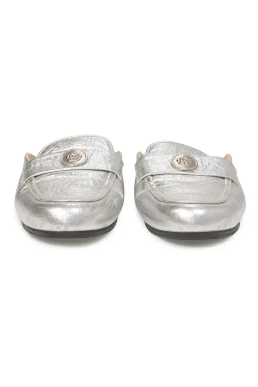 Silver foiled leather round-toe slip-on mules with camellia medallion appliqué